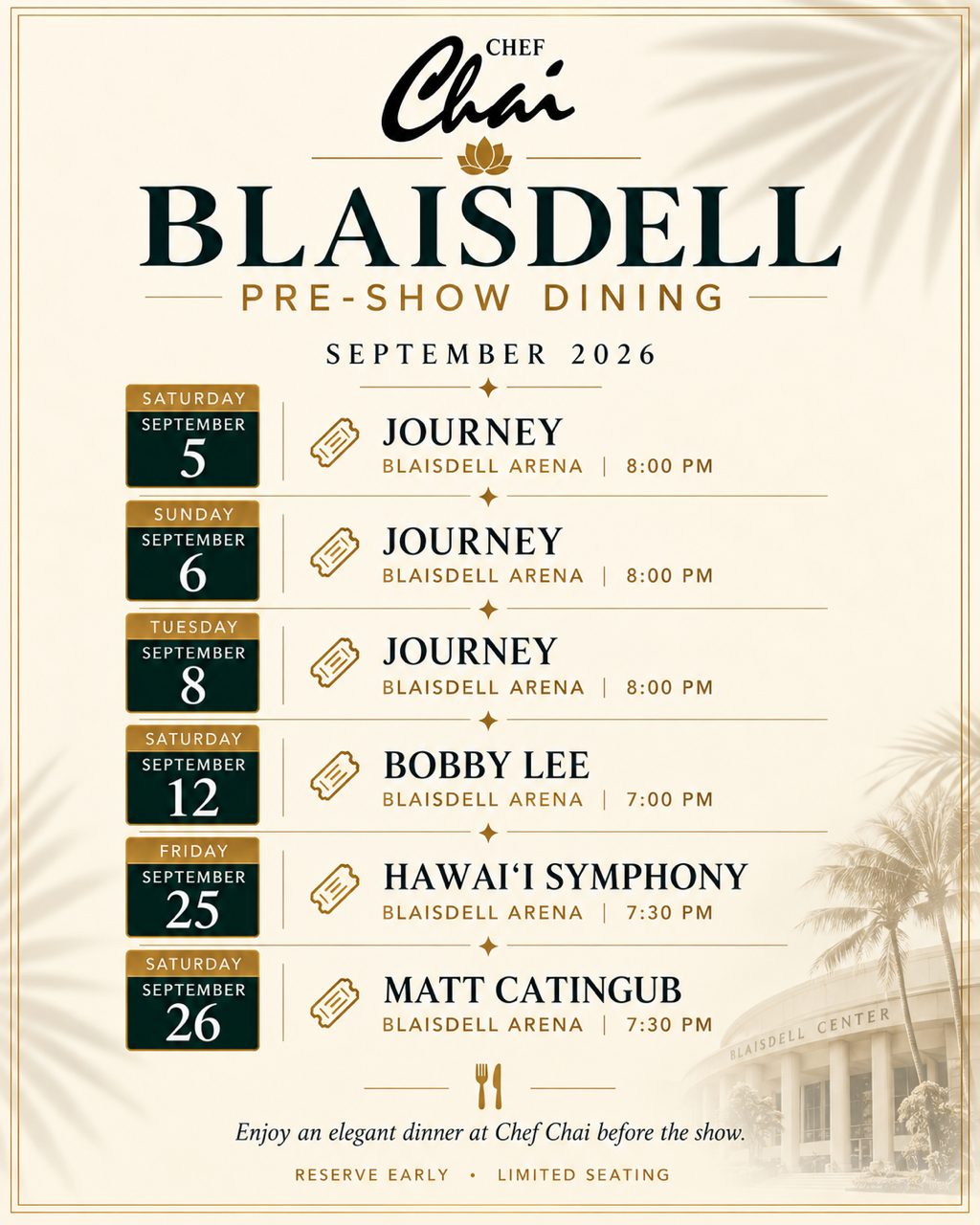 Blaisdell Pre-Show Dining – September 2026