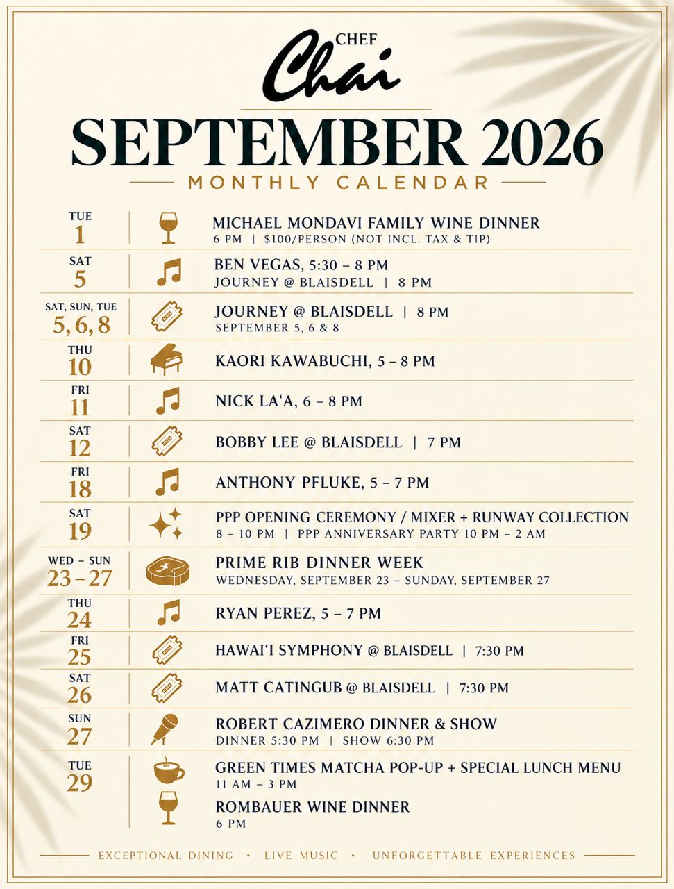 September 2026 Calendar @ Chef Chai’s