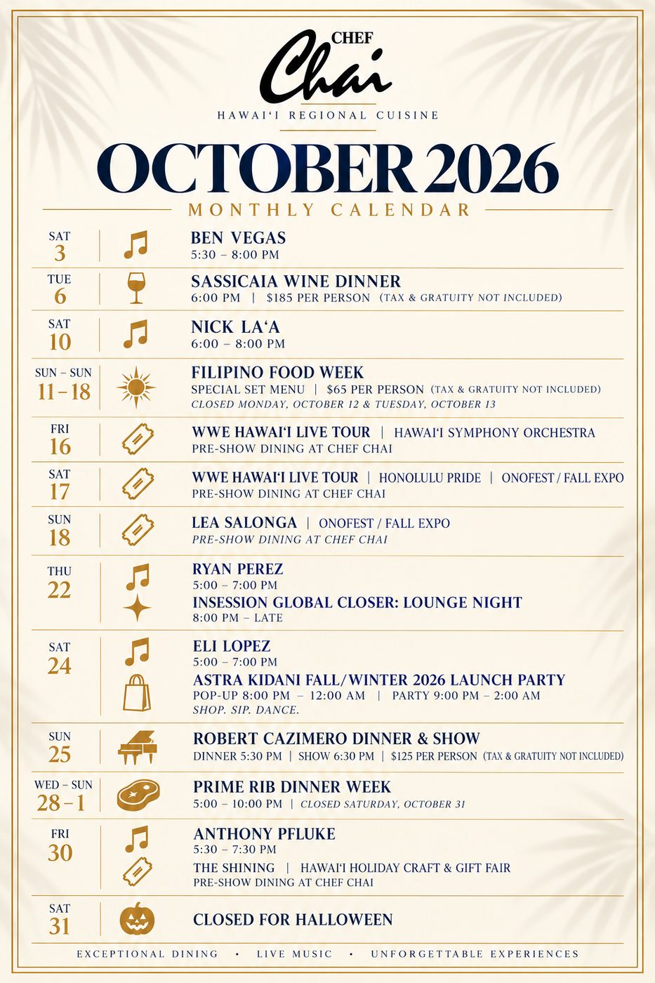 October 2026 Calendar @ Chef Chai’s