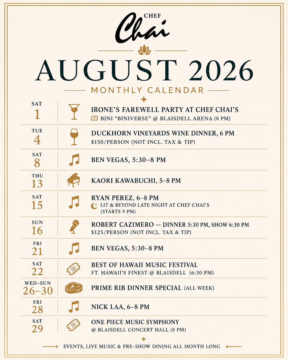 August 2026 Calendar @ Chef Chai’s
