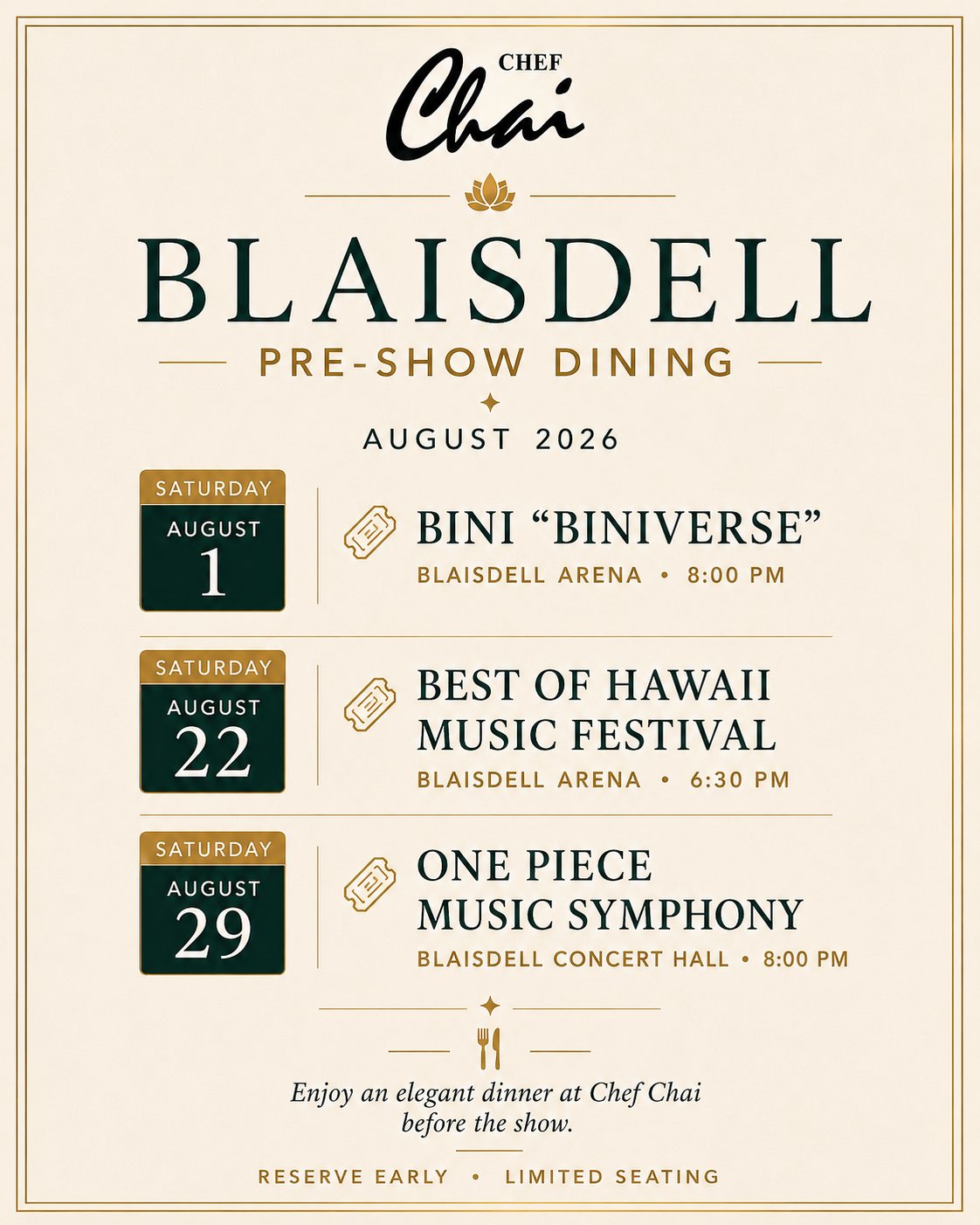 Blaisdell Pre-Show Dining – August 2026